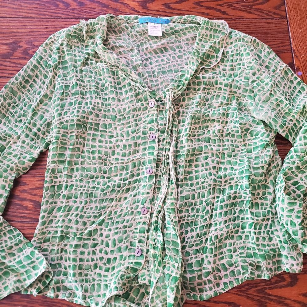 Johnny Was green &cream silk blouse size small